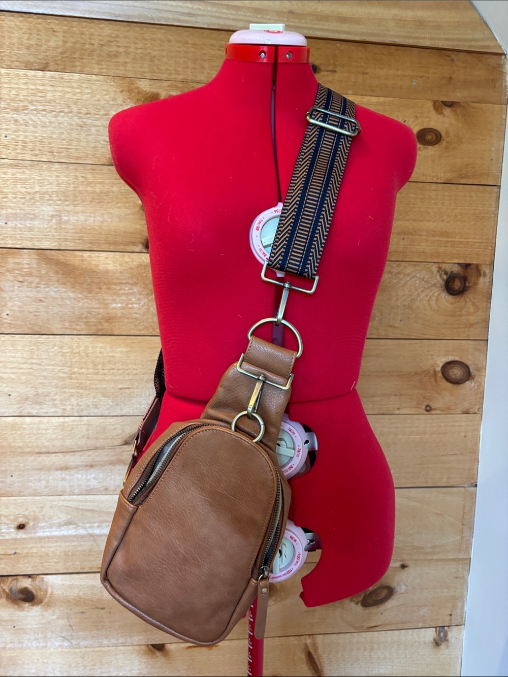 Anthropologie Tan Brown Leather Crossbody Sling with Patterned Strap